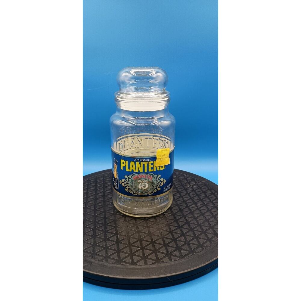 Vintage 1981 75th Anniversary Planters Peanut Glass Jar with Lid and Label